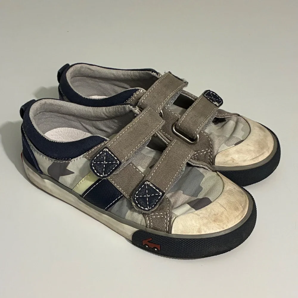 See Kai Run Kids Size 12 Camo Canvas Low Top Sneakers Grey Blue Double Strap